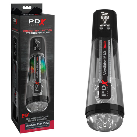 The PDX Elite ViewTube MAX features a transparent design with measurement markings and a digital display. It includes an ultra-soft sleeve, and its black box with red and gray accents highlights the devices powerful motor for intermittent suction strokes.