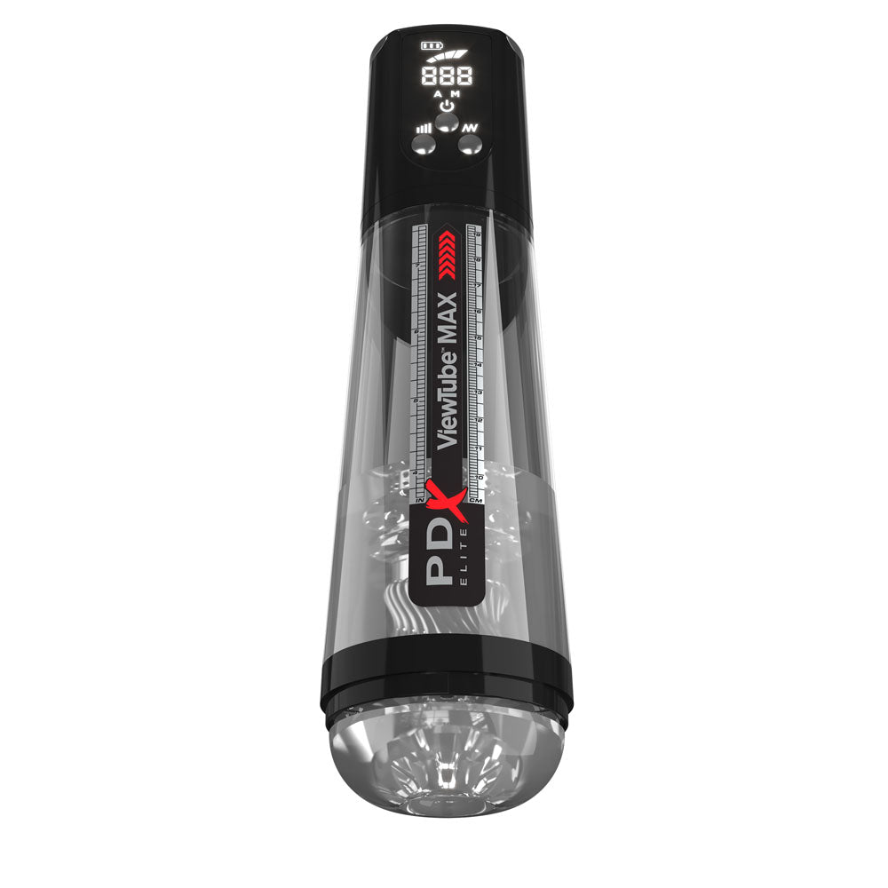 The PDX Elite ViewTube MAX View, a clear cylindrical USB rechargeable auto stroker, boasts a black top with digital controls and numbers. Its motor powers visible mechanisms accented with red, combining sleek design and modern technology.