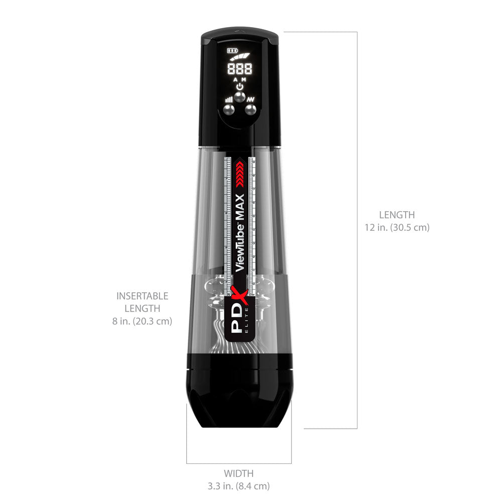 Image of the PDX Elite ViewTube MAX View, a clear USB rechargeable suction auto stroker with a visible internal mechanism and powerful motor. The digital display shows 888. It measures 12 in length, 3.3 in width, with an 8 insertable length. Features a black and gray design and ultra-soft sleeve.