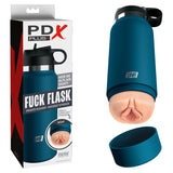 A product image showcases the PDX Plus Fuck Flask - Private Pleaser, a blue discreet water bottle containing an adult toy inside its base. The open cap reveals the stroker made from Fanta Flesh material, and its design ensures it seamlessly blends in as a typical flask.