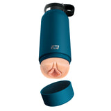 A blue cylindrical container with a black handle and cap is shown. The lid is off, revealing the PDX Plus Fuck Flask - Private Pleaser, a flesh-toned, realistic adult product made of Fanta Flesh material resembling anatomy. It features a JF logo on the side.