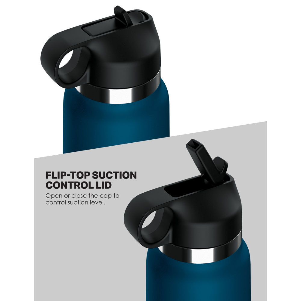 The image shows two blue water bottles with black flip-top lids on a slanted gray background. Text reads Flip-Top Suction Control Lid: Open or close the cap to control suction level. These discreet bottles, offering a small handle and closed spout, are made from Fanta Flesh material for convenience.