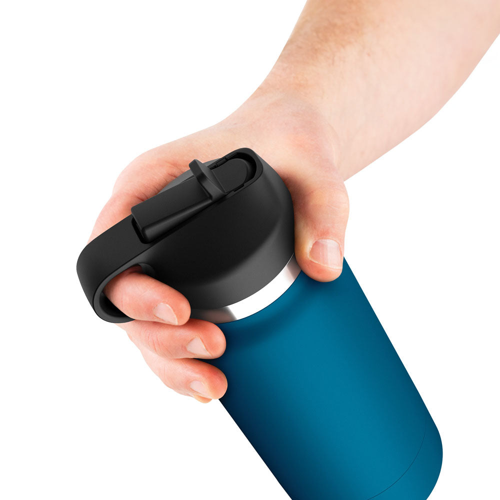 Close-up of a hand holding the PDX Plus Fuck Flask - Private Pleaser, featuring a discreet design. The secure grip and flip-top opening enhance convenience, with a plain white background highlighting its sleek form.