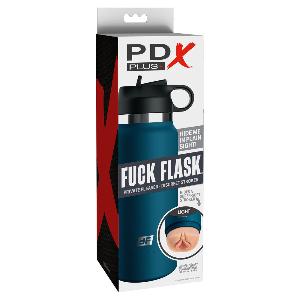 The image shows packaging for the PDX Plus Fuck Flask - Private Pleaser, a discreet vagina stroker made from Fanta Flesh. It resembles a blue flask with a screw top and soft interior, featuring the branding PDX Plus and the tagline Hide Me in Plain Sight! in bold letters.