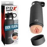 The image showcases the PDX Plus Fuck Flask - Secret Delight, a discreet black flask-shaped stroker. Partially disassembled, it reveals a Fanta Flesh® realistic texture resembling a vagina. Packaging on the left prominently displays the brand and product name.