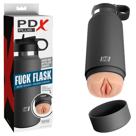 The image showcases the PDX Plus Fuck Flask - Secret Delight, a discreet black flask-shaped stroker. Partially disassembled, it reveals a Fanta Flesh® realistic texture resembling a vagina. Packaging on the left prominently displays the brand and product name.