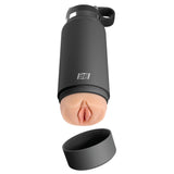 The PDX Plus Fuck Flask - Secret Delight is a discreet black water bottle stroker featuring a lid set aside, revealing a flesh-toned realistic pussy insert made from Fanta Flesh®, with a metal ring and handle for easy portability.