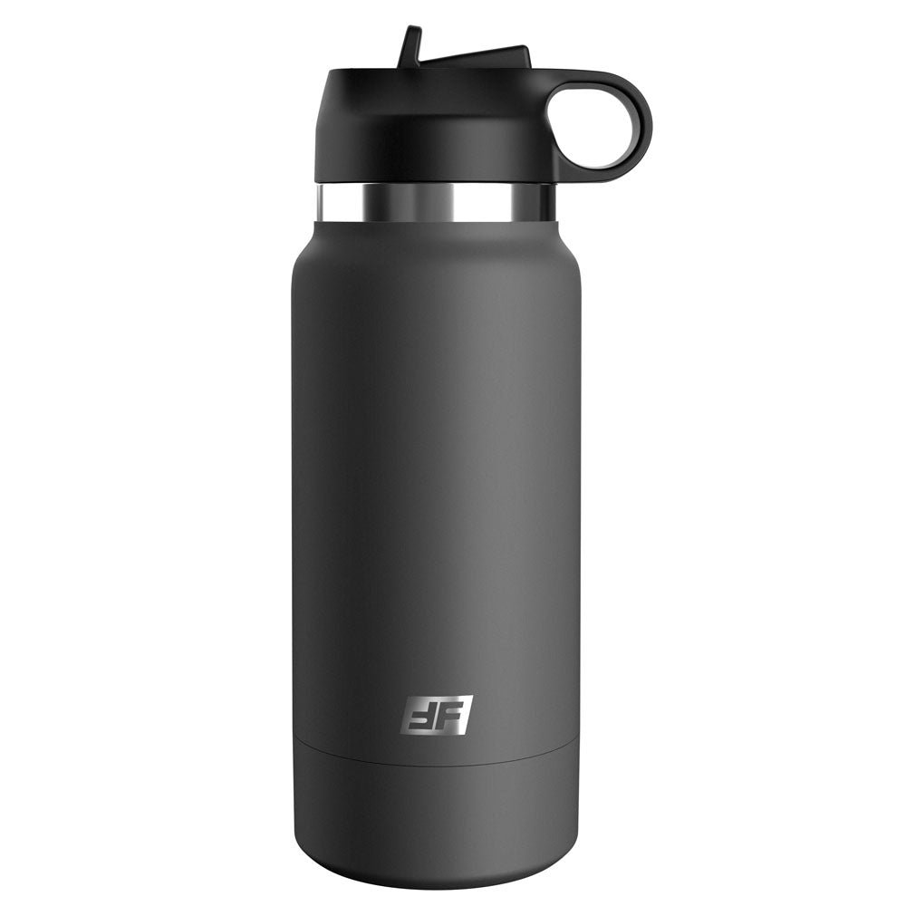 The PDX Plus Fuck Flask - Secret Delight is a discreet, sleek, matte black insulated water bottle with a realistic Flesh® vagina stroker hidden inside. It features a silver band near the cap and has a minimalist style with a flip-top lid and loop handle for secure beverage storage.