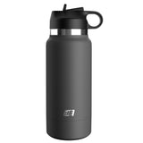 The PDX Plus Fuck Flask - Secret Delight is a discreet, sleek, matte black insulated water bottle with a realistic Flesh® vagina stroker hidden inside. It features a silver band near the cap and has a minimalist style with a flip-top lid and loop handle for secure beverage storage.