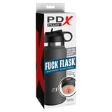 The PDX Plus Fuck Flask cleverly disguises itself as a black water bottle with a screw cap and loop handle, featuring bold branding. Its Fanta Flesh® material provides realism, while the box prominently highlights its hidden use as the Secret Delight - Flesh Discreet Vagina Stroker.