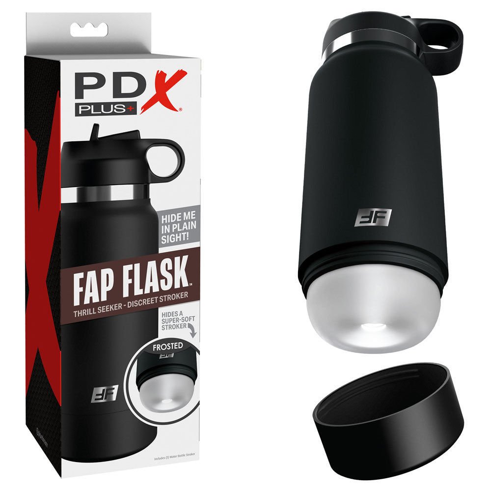 An image of the PDX Plus Fap Flask - Thrill Seeker, resembling a black thermos with a detachable lid. This discreet stroker features a Hide Me in Plain Sight slogan and frosted exterior, perfect for seamless integration into daily life.