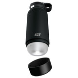 The PDX Plus Fap Flask - Thrill Seeker is a frosted black discreet stroker with a floating lid, featuring a built-in circular LED light at the bottom and pleasure ribs. It has a small FF logo that adds to its tactile appeal.