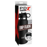 The PDX Plus Fap Flask - Thrill Seeker features a bold red and black packaging with the tagline Hide Me in Plain Sight! The box displays the frosted end of the discreet water bottle stroker and is partially open to reveal its top.