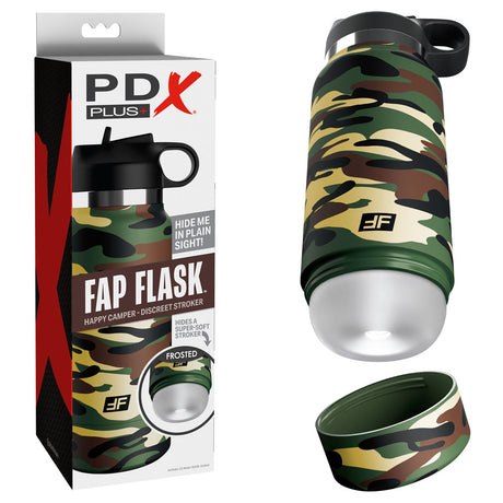 The PDX Plus Fap Flask - Happy Camper - Frosted Discreet Stroker is a camouflage-patterned container labeled Fap Flask with the lid off, revealing a discrete stroker. It seamlessly blends with outdoor gear and bears PDX Plus branding, promoting it as a hide me in plain sight personal product.