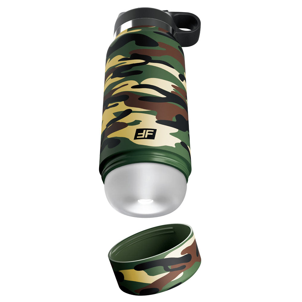 A PDX Plus Fap Flask - Happy Camper is displayed with its lid removed, revealing a white LED light. It features a camouflage pattern of green, brown, beige, and black with JF on the side, and has a black carrying handle.