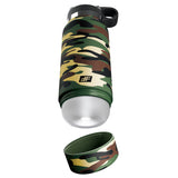 A PDX Plus Fap Flask - Happy Camper is displayed with its lid removed, revealing a white LED light. It features a camouflage pattern of green, brown, beige, and black with JF on the side, and has a black carrying handle.