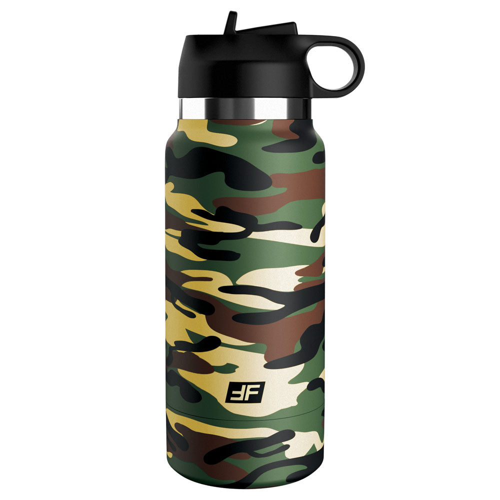 The PDX Plus Fap Flask - Happy Camper is a frosted water bottle with a camouflage pattern of green, brown, and black. It features a discreet black sleeve, loop handle, flip-top spout, and is finished with a small JF logo on the base.