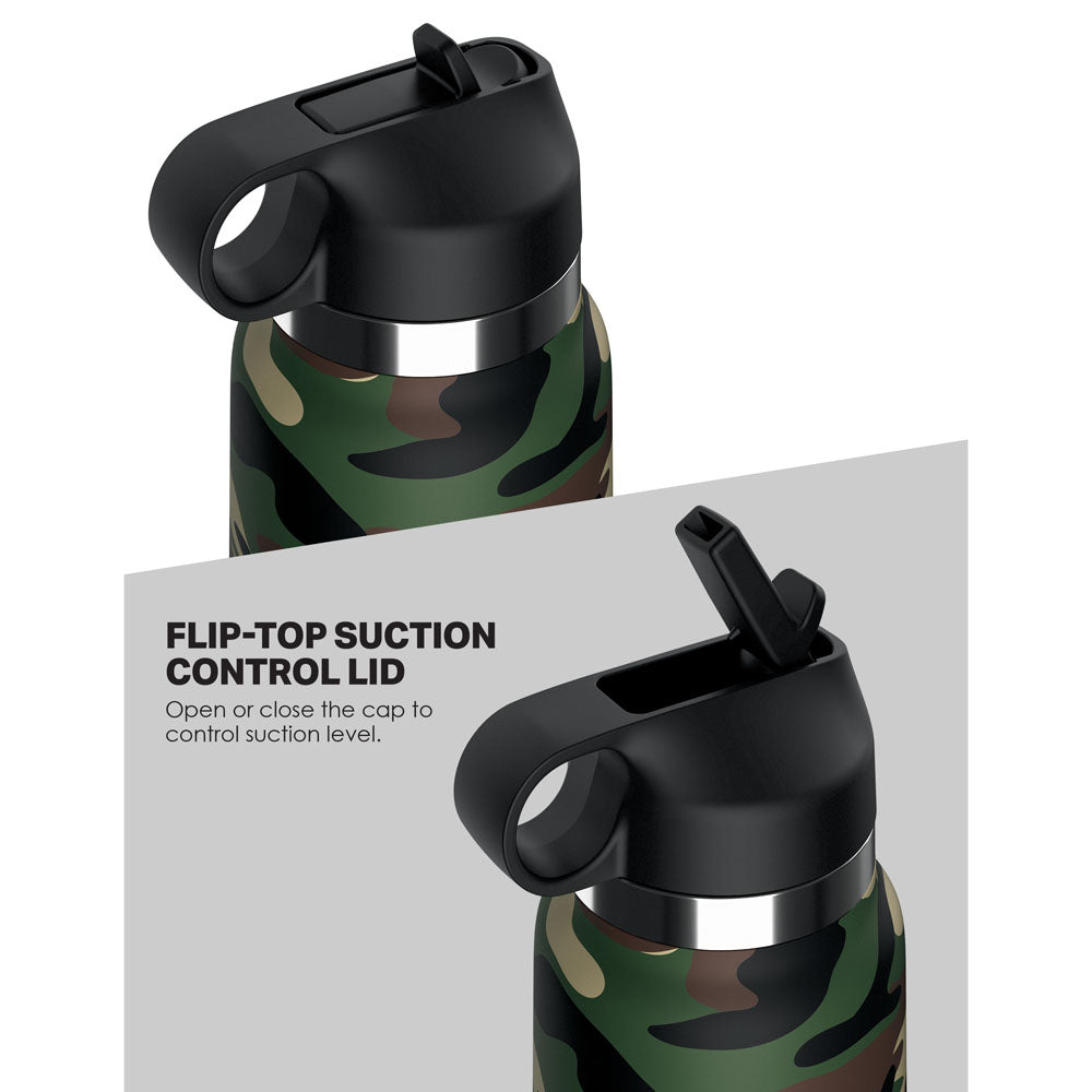 The PDX Plus Fap Flask - Happy Camper features a camouflage design and black flip-top suction control lids. Text reads FLIP-TOP SUCTION CONTROL LID: Open or close the cap to control suction level. Two frosted bottles are shown from angles, highlighting their discreet multifunctional design.