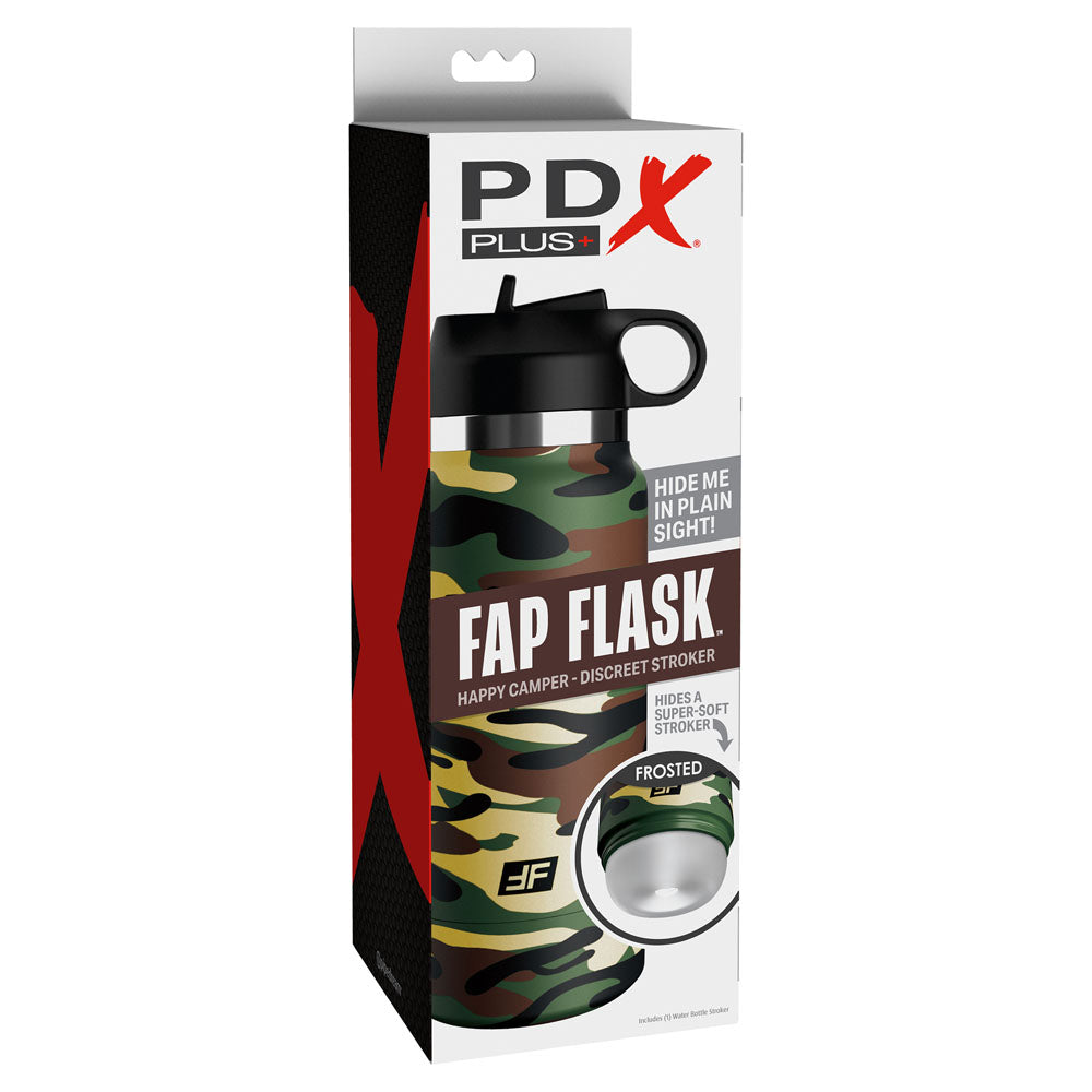 The image features the PDX Plus Fap Flask - Happy Camper, a frosted discreet stroker designed for discretion with camouflage packaging.