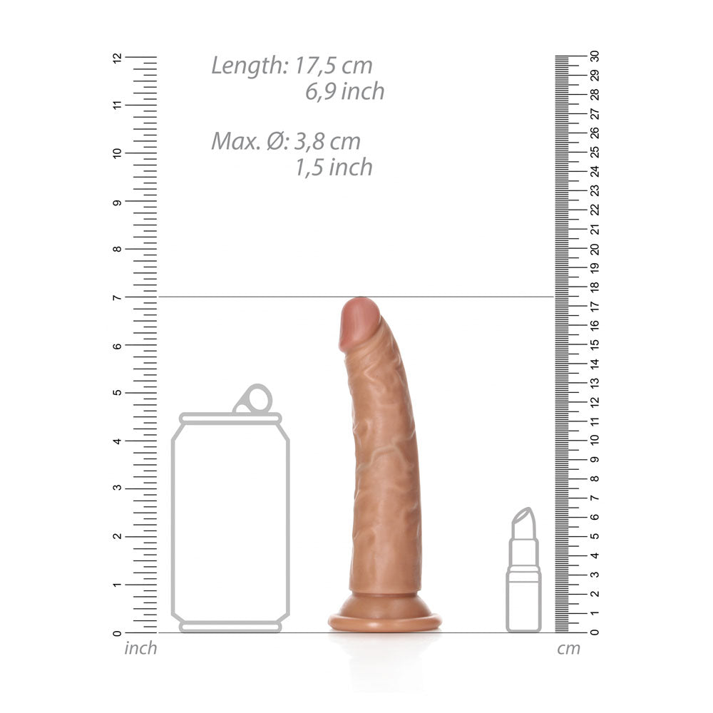 A tan, realistic silicone dildo, the REALROCK Realistic Slim Dildo without Balls, measuring 15.5 cm (6 inches) long and designed for g-spot stimulation, is shown with a suction cup between ruler guides. Silhouettes of a soda can and lipstick offer size comparison with rulers in inches and centimeters.