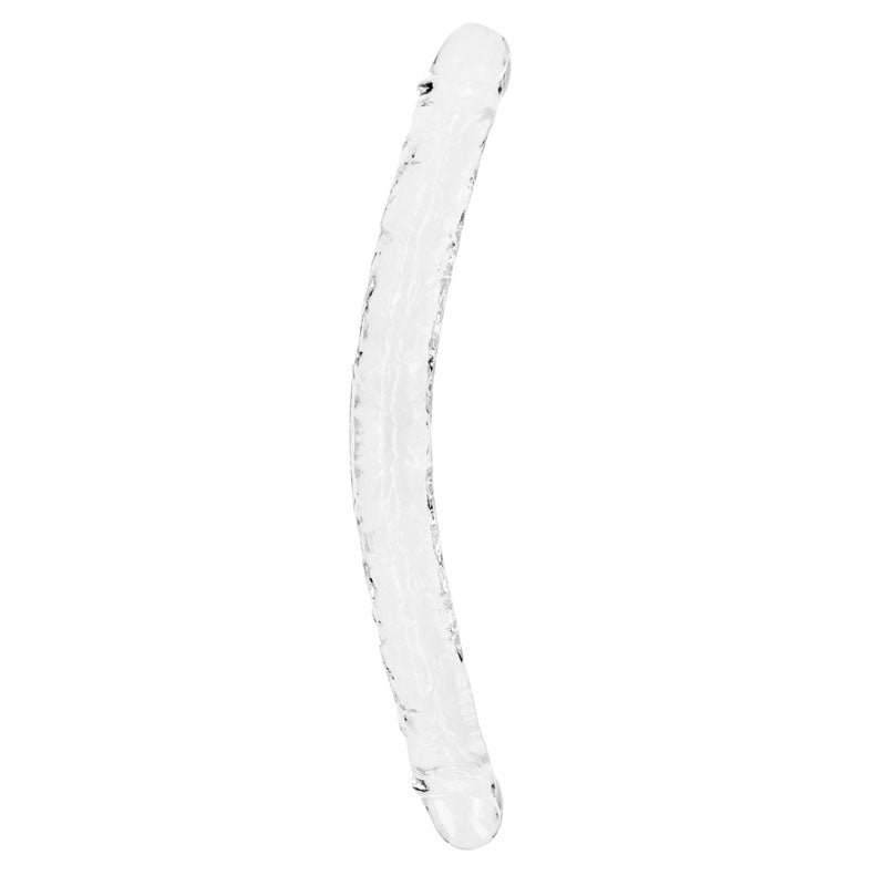 The REALROCK 45 cm Double Dong, displayed on a simple white background, is a clear glass rod with a gentle curve. Its textured surface offers precise stimulation and a smooth, polished finish, ensuring it is body-safe.