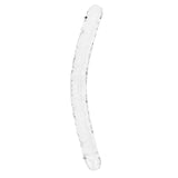 The REALROCK 45 cm Double Dong, displayed on a simple white background, is a clear glass rod with a gentle curve. Its textured surface offers precise stimulation and a smooth, polished finish, ensuring it is body-safe.