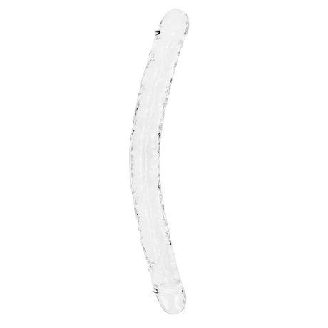 The REALROCK 45 cm Double Dong, displayed on a simple white background, is a clear glass rod with a gentle curve. Its textured surface offers precise stimulation and a smooth, polished finish, ensuring it is body-safe.