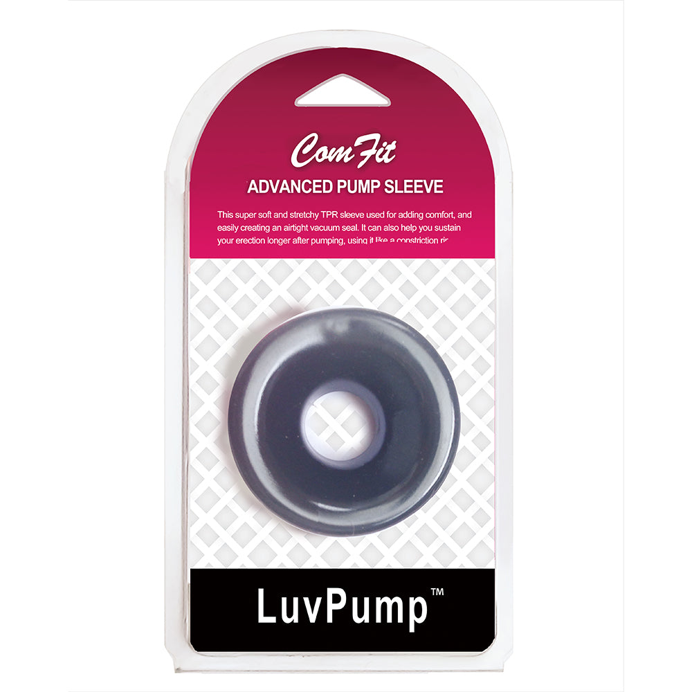 The LuvPump ComFit Silicone Sleeve packaging features a black silicone sleeve in a clear plastic window. A maroon top with white text contrasts the white grid-patterned background. Its vacuum-sealed for protection, and the bottom shows the LuvPump logo.