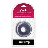 The LuvPump ComFit Silicone Sleeve packaging features a black silicone sleeve in a clear plastic window. A maroon top with white text contrasts the white grid-patterned background. Its vacuum-sealed for protection, and the bottom shows the LuvPump logo.