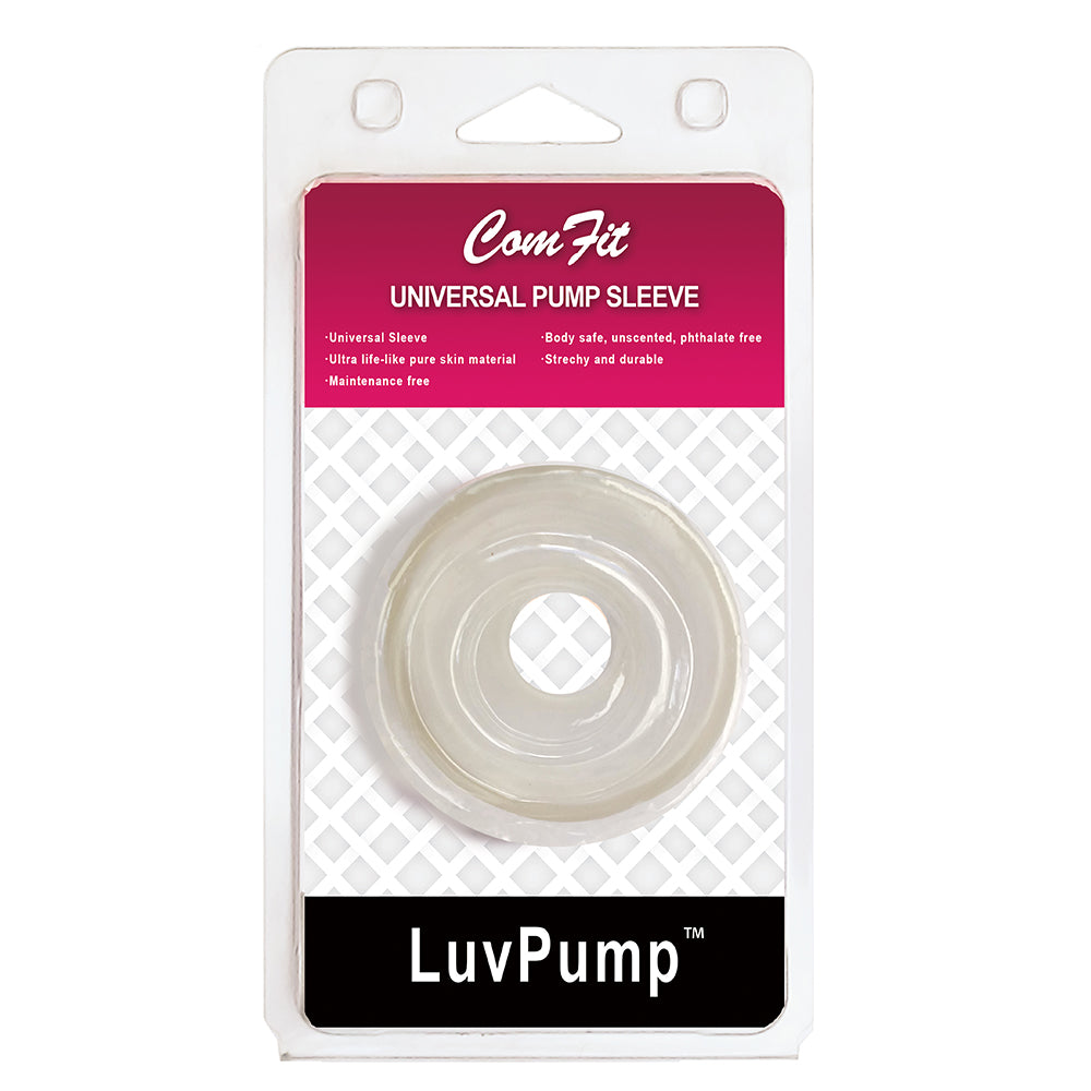 The LuvPump packaging features a transparent, circular silicone sleeve on a sleek white grid. The maroon header reads LuvPump ComFit UNIVERSAL PUMP SLEEVE, highlighting an airtight vacuum seal, with the brand name displayed at the bottom.