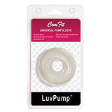 The LuvPump ComFit Silicone Sleeve packaging highlights its translucent, donut-shaped design. The top features product details on a maroon background, emphasizing its universal fit and body-safe silicone. The lower section has a white grid design with the LuvPump logo.