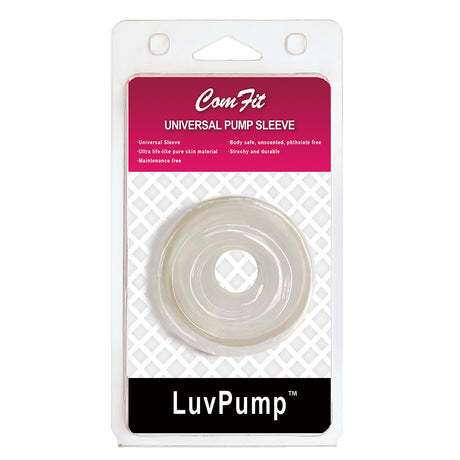 The LuvPump ComFit Silicone Sleeve packaging highlights its translucent, donut-shaped design. The top features product details on a maroon background, emphasizing its universal fit and body-safe silicone. The lower section has a white grid design with the LuvPump logo.