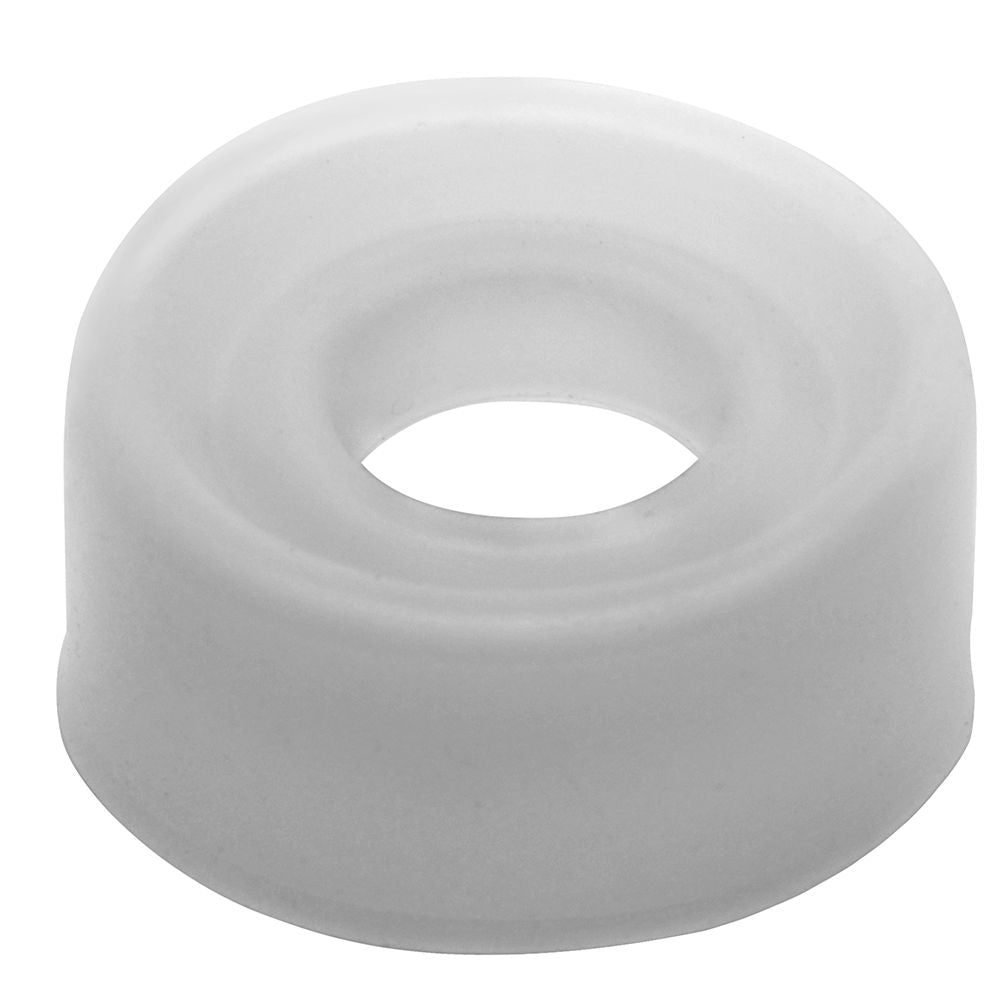 A translucently angled view of the LuvPump ComFit Silicone Sleeve reveals its circular shape and central hole. With smooth, rounded edges, a slightly matte finish, and flexible silicone material, the sleeves texture and inner hollow space are accentuated, ideal for an airtight vacuum seal.