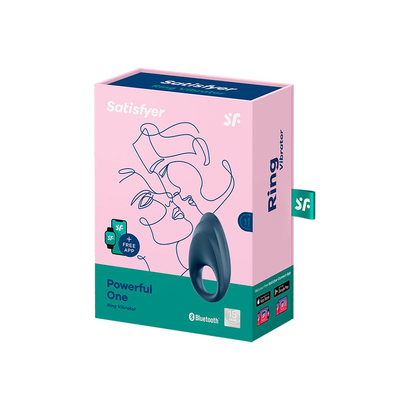 The packaging of the Satisfyer Strong One showcases a pink box with an abstract blue line drawing of two faces. Icons display app connectivity and waterproof features, and the dark blue ring, made from body-friendly silicone, is featured on the front.