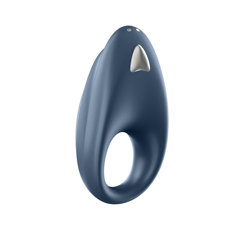 The Satisfyer Strong One is a modern, app-controlled, dark blue ergonomic cock ring made from body-friendly silicone. It features a smooth matte finish, a bottom loop, and a small light gray triangular button on top, embodying minimalist tech design.