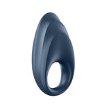 The Satisfyer Strong One is an app-controlled vibrating cock ring in dark blue silicone, designed for comfortable wear with an elongated, ergonomic shape. It features wave-like layered curves and an open circular base for easy handling or wearing.