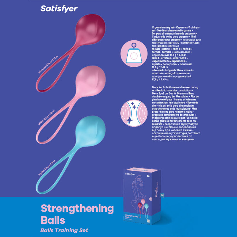 The Satisfyer Strengthening Balls set includes three maroon, pink, and teal Kegel balls with looped handles for pelvic floor training against a purple background. The packaging emphasizes benefits for pelvic health and orgasm enhancement.