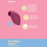 A pink promotional image features the Satisfyer One Night Stand, a purple, teardrop-shaped air pulse stimulator with Satisfyer inscribed. It offers clitoral stimulation via 4 wave programs and a 90-minute usage time. Made from skin-friendly silicone, it includes feather, heart icons, and concentric circles.