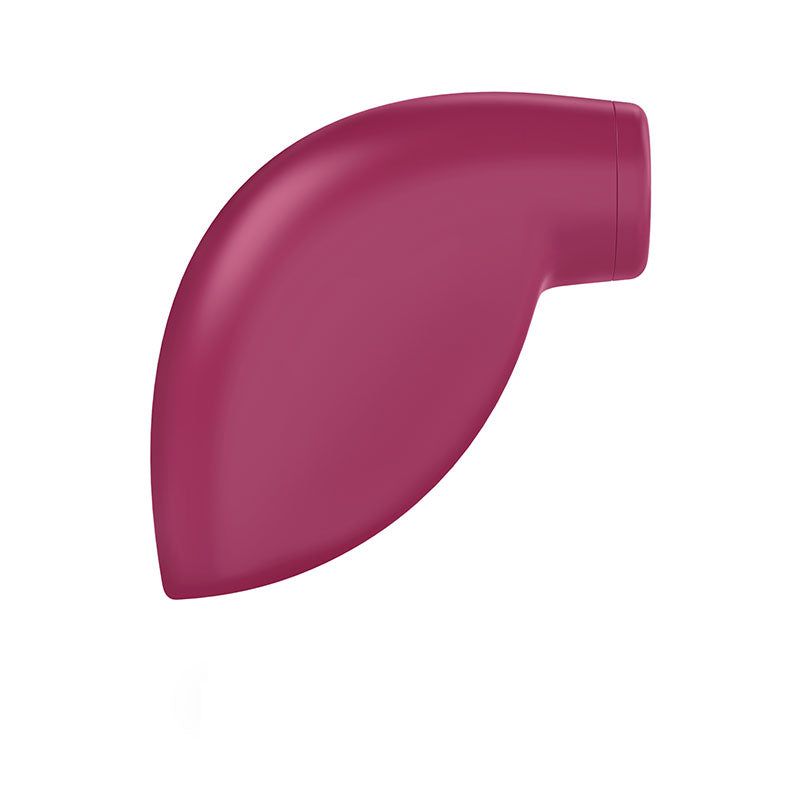 The Satisfyer One Night Stand, a maroon silicone clitoral stimulator with a rounded tip and flat circular base, features a glossy, leaf-like shape against a white background.