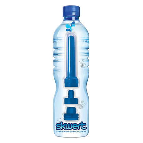 The clear plastic Skwert 5 Piece Water Bottle Douche Adapter Kit features a visible blue silicone nozzle and attachments inside, including an adapter. Its label in playful blue font reads the product name, and the packaging is decorated with bubbles and water splash graphics.