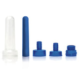 On a white background, the Skwert 5 Piece Water Bottle Douche Kit is aligned vertically and reflected below: a clear plastic tube, solid blue silicone nozzle, circular cap with hose connector, smaller connector, and threaded bottle neck.