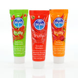 Three 12 ml Skins Fruity Tubes, displayed upright, feature water-based vegan lubes: Refreshing Watermelon (green), Succulent Strawberry (red), and Mango & Passionfruit (orange) with vibrant fruit graphics matching their delicious flavors.