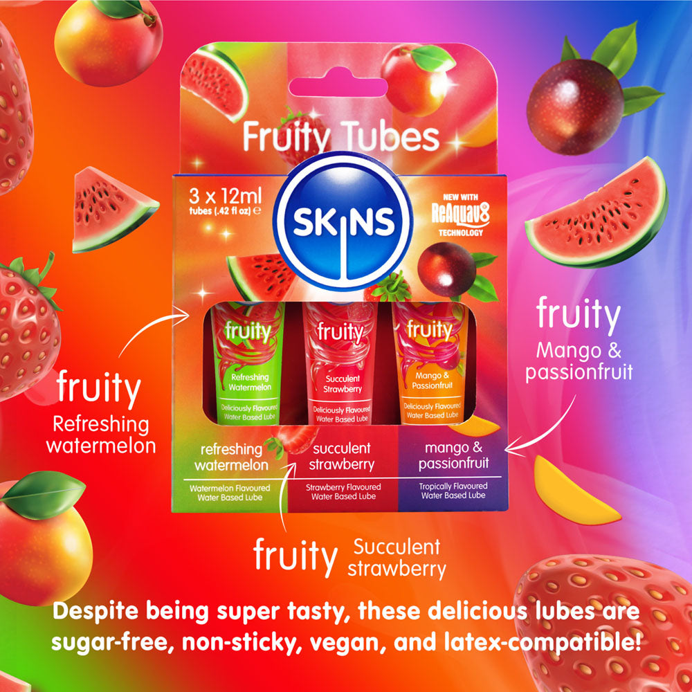 The Skins Fruity Tubes pack includes three 12ml vegan, water-based lubricants in watermelon, strawberry, and mango & passionfruit flavors. The vibrant packaging showcases fruity illustrations and details the benefits of these delightful lubes.