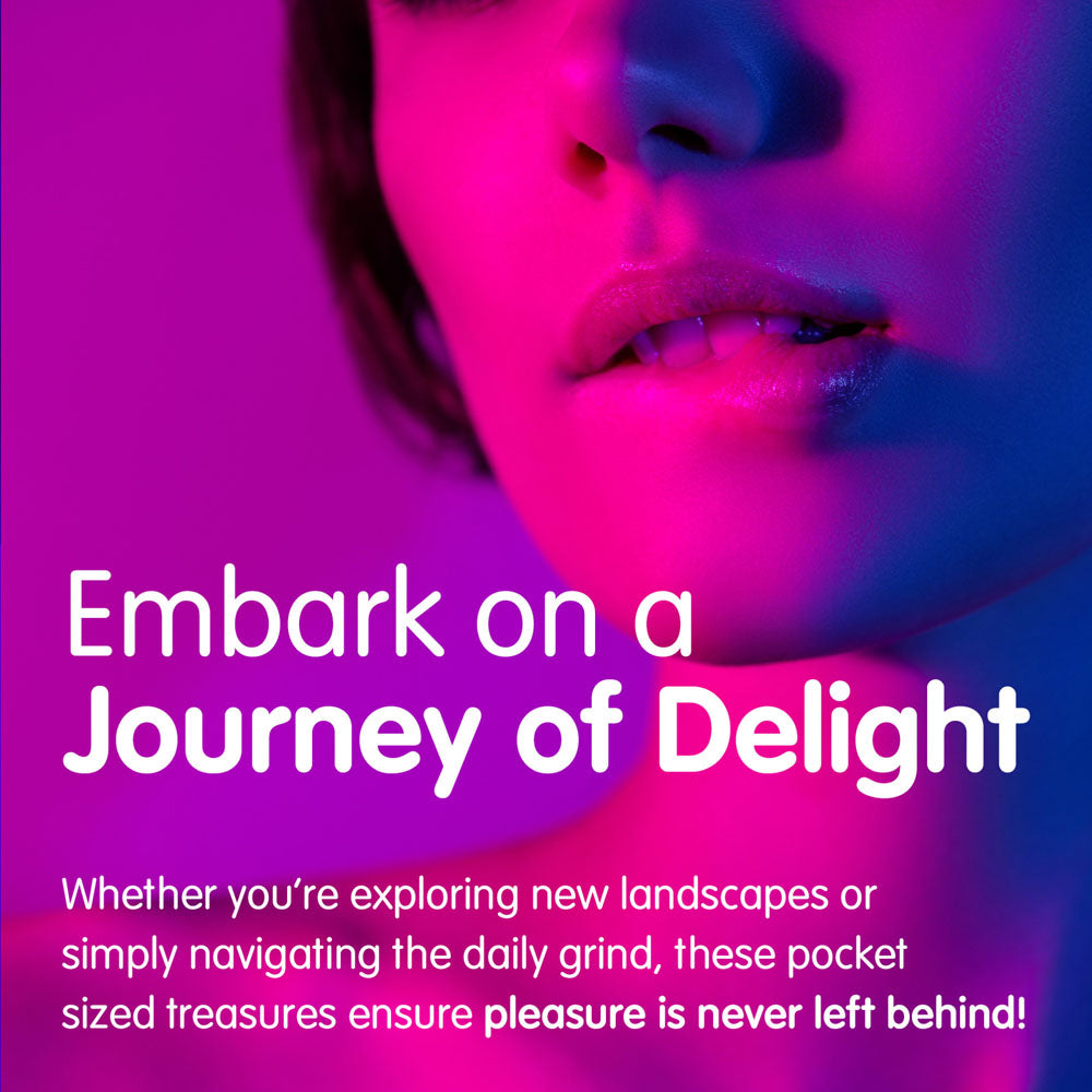 A persons mouth and chin are lit with magenta and blue light. Text: Embark on a Journey of Delight with Skins Fruity Tubes! Explore new landscapes or navigate the daily grind; these pocket-sized, vegan lubes in Watermelon, Strawberry, & Mango Passionfruit ensure pleasure is never left behind!.