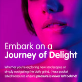 A persons mouth and chin are lit with magenta and blue light. Text: Embark on a Journey of Delight with Skins Fruity Tubes! Explore new landscapes or navigate the daily grind; these pocket-sized, vegan lubes in Watermelon, Strawberry, & Mango Passionfruit ensure pleasure is never left behind!.