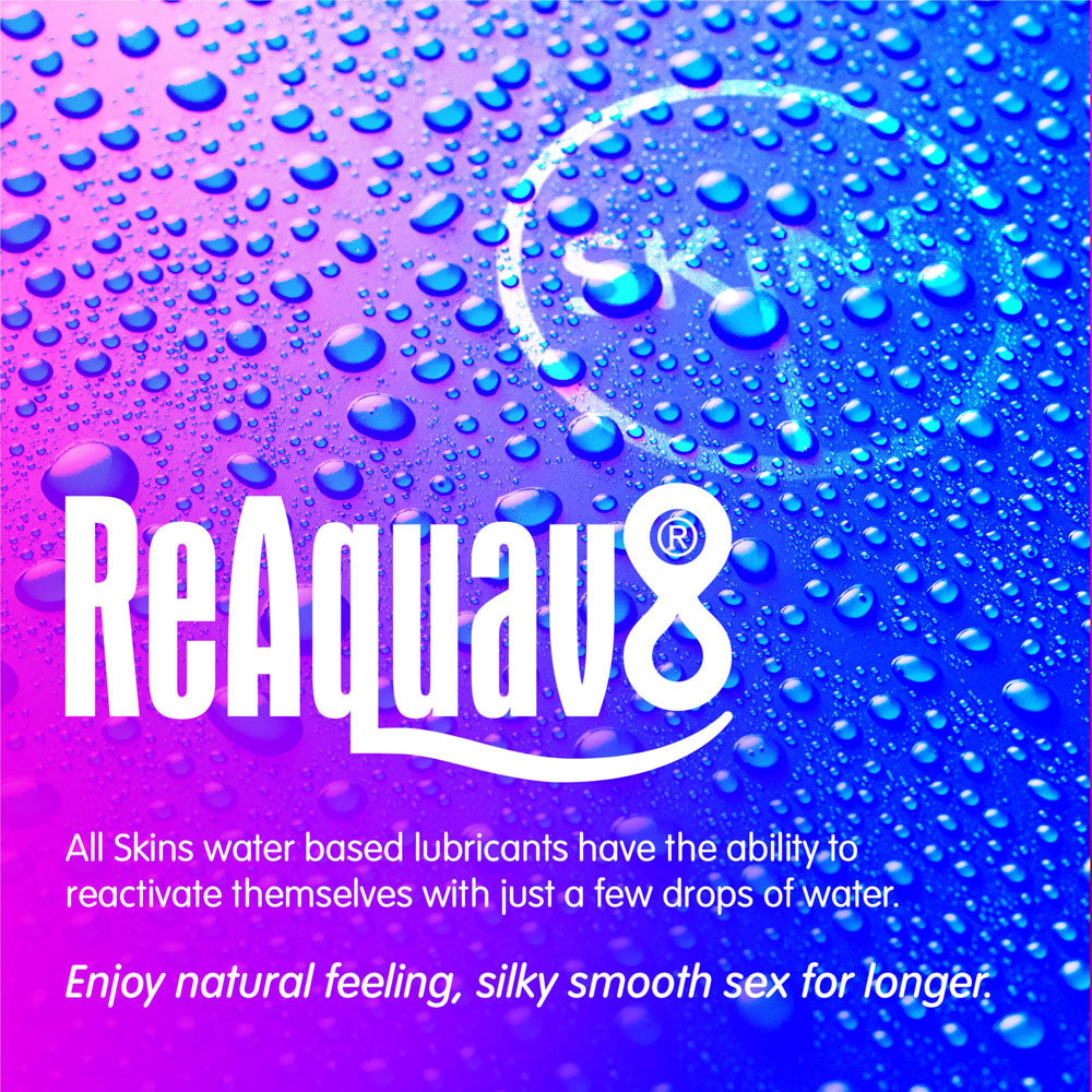 The image displays a vibrant pink and blue background with water droplets. ReAquav8 is boldly written in white, followed by smaller text: All Skins water-based lubes... and Enjoy natural feeling, silky smooth sex for longer, highlighting the benefits of Skins Fruity Tubes 12 ml vegan lubes.