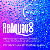 The image displays a vibrant pink and blue background with water droplets. ReAquav8 is boldly written in white, followed by smaller text: All Skins water-based lubes... and Enjoy natural feeling, silky smooth sex for longer, highlighting the benefits of Skins Fruity Tubes 12 ml vegan lubes.