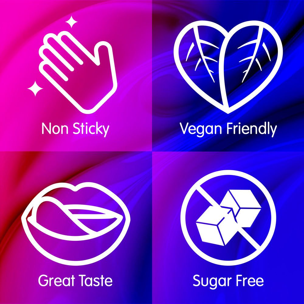 A vibrant image of Skins Fruity Tubes lubes in flavors of Watermelon, Strawberry, & Mango & Passionfruit, features icons: a sparkling hand for Non Sticky, heart-shaped leaves for Vegan Lubes, a smiling mouth for Great Taste, and crossed-out sugar cubes for Sugar Free, on a pink-blue gradient background.