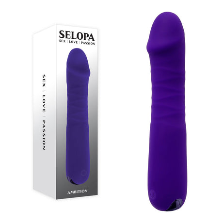 The Selopa AMBITION, a 17 cm silicone thrusting vibrator in dark purple, is thallic-shaped with a textured surface and curved tip. It includes a multi-speed button on the base. The USB rechargeable box displays SEX | LOVE | PASSION alongside AMBITION.