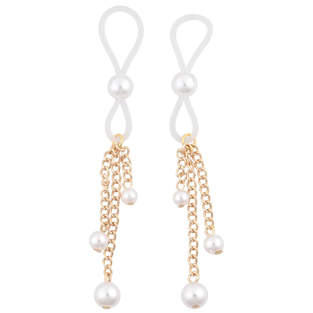 The Gold/Pearl Nipple Restraints feature elegant looped designs with central pearls, three gold chain strands from each loop, and small pearls at varying lengths for a sophisticated look.